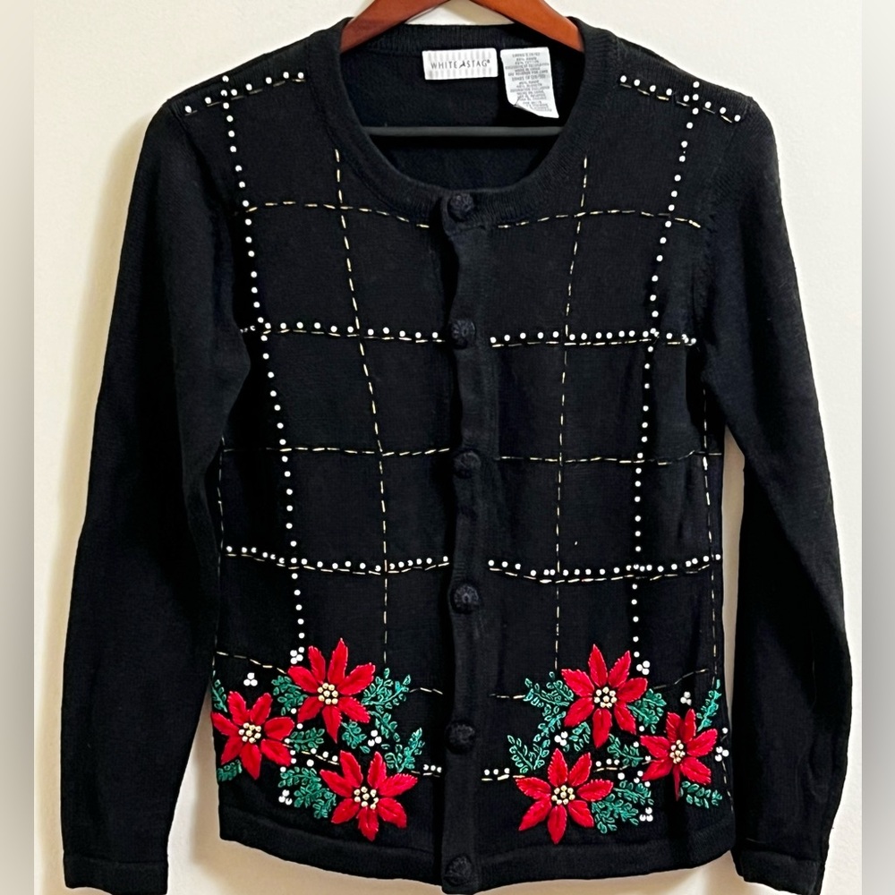 White Stag Vintage 80s 90s Christmas Sweater Black Knit Beaded Embroidered Small